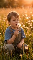 Young boy with light brown hair and fair complexion blowing dandelion seeds in sunny meadow at golden hour. Child wearing denim overalls and blue shirt surrounded by wildflowers and grass.