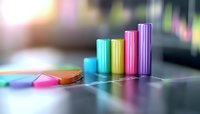 Colorful ascending bar graph chart showing business growth trend with vibrant rainbow cylinders on reflective surface against blurred background.