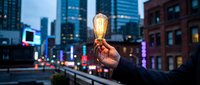 Hand holding glowing vintage light bulb against blurred city skyline at dusk with illuminated buildings and urban lights creating bokeh effect.