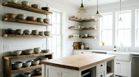 Rustic farmhouse kitchen with open wooden shelving displaying ceramic dishware, white cabinetry, and natural wood island countertop for home design and interior styling.