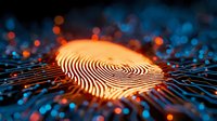 Digital fingerprint glowing with orange light on circuit board background with bokeh effects for cybersecurity and biometric authentication concepts.