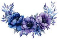 Elegant watercolor floral arrangement with blue and purple anemone flowers, delicate leaves in cool tones on white background, isolated for creative designs.