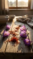 Purple saffron crocus flowers with dried spice threads on rustic wooden table in warm sunlight for culinary and cooking applications.