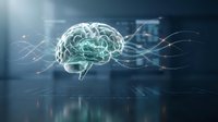 Glowing human brain with neural connections and data streams on dark blue tech background, representing AI and neuroscience concepts.