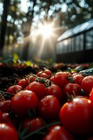 Fresh red cherry tomatoes on vine with morning sunlight rays breaking through trees, creating magical garden atmosphere with natural lens flare.