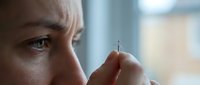 Young woman inserting contact lens into eye with careful precision, close-up view of daily vision care routine and optical health maintenance.