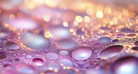 Abstract purple and pink water droplets with golden bokeh lights creating dreamy bubble texture for backgrounds and artistic designs.
