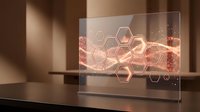 Futuristic transparent glass display with hexagonal interface elements and warm lighting in modern interior space for technology presentations.
