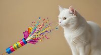 White cat looking at colorful confetti explosion from party popper on beige background. Festive celebration concept for greeting cards and event promotions.