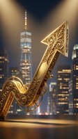 Ornate golden upward arrow with decorative filigree details against illuminated city skyline at night, symbolizing growth, success, and financial progress for business and investment concepts.