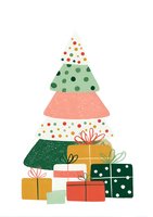 Colorful abstract Christmas tree with polka dot pattern layers and wrapped presents underneath, perfect for holiday greeting cards.