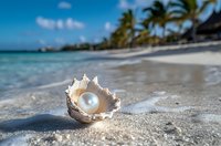 Open oyster shell with pearl on tropical sandy beach, gentle waves washing ashore, palm trees and turquoise ocean water in background, sunny day atmosphere.