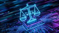 Digital justice scales glowing in neon blue on futuristic circuit board background representing legal technology and cyber law enforcement systems.