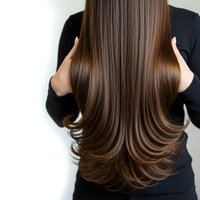 Woman with long layered brown hair showing healthy shine and volume against white background for beauty and haircare concepts.