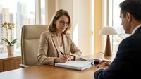 Professional businesswoman in glasses reviewing documents during office meeting with male colleague in modern corporate workspace.
