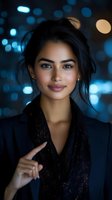Young South Asian woman with gentle smile against blurred blue bokeh lights background wearing black blazer and lace scarf, portrait in evening atmosphere.