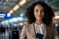 Young mixed race businesswoman with curly hair smiling confidently while holding passport in airport terminal, wearing beige blazer and white blouse.