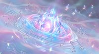 Holographic music notes swirling in cosmic energy vortex with neon pink and blue lights creating magical sound wave visualization for digital art projects.
