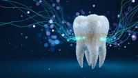 Digital tooth with glowing network connections and particles on blue background for dental technology and healthcare innovation concepts.