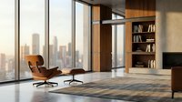 Modern executive office interior with leather lounge chair, wooden bookshelf and panoramic city skyline view through floor-to-ceiling windows.