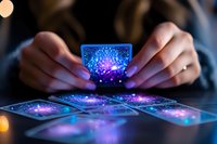 Mystical tarot cards with glowing cosmic galaxy design spread on dark table, featuring ethereal purple and blue nebula patterns. Fortune telling concept.