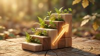 Wooden blocks arranged as ascending steps with green plants growing from each level, symbolizing growth and progress in natural sunlight.