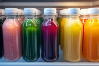 Colorful fresh cold-pressed juices in plastic bottles on refrigerator shelf. Healthy detox drinks in vibrant green, red, yellow, orange and pink shades lined up.