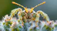Extreme macro photography of lynx spider face with detailed compound eyes, spiky legs, and antennae on white flower. Natural green background creates depth.