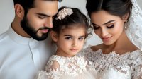 Middle Eastern family in white attire sharing tender moment. Mother in lace wedding dress, father in traditional white clothing, and daughter with flower hairpiece pose together.