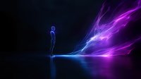 Glowing silhouette of person standing on reflective surface with flowing purple and blue light streams creating dramatic neon effect against dark background.