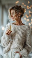 Young blonde woman in cozy knit sweater holding champagne glass with warm bokeh lights creating festive holiday atmosphere for celebration and luxury lifestyle.