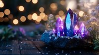 Glowing purple and blue crystal formation on dark wooden surface with magical bokeh lights in background creates mystical atmosphere.