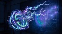 Digital energy sphere with electric lightning bolts and glowing data visualization charts on dark futuristic background for technology presentations.