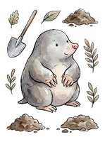 Cute mole character with shovel, soil piles, and foliage elements isolated on white background. Perfect for children's books, nursery decor, and educational materials.