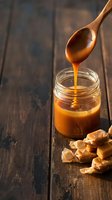 Wooden spoon dripping golden caramel sauce into glass jar with toffee candies on rustic wood table for dessert recipes and confectionery cooking projects.