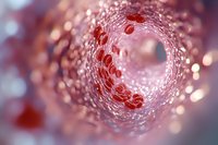 Abstract medical visualization showing microscopic view of blood cells flowing through arterial or venous tunnel with soft pink bokeh lighting effects.