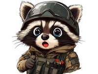 Cute raccoon character in military tactical gear and goggles. Cartoon mascot with surprised expression wearing combat uniform and protective equipment.