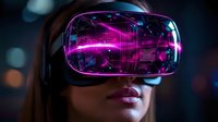 Young Asian woman wearing virtual reality headset with purple and pink neon reflections on lens surface against dark background with bokeh lights.