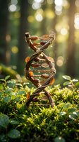 DNA double helix structure made of natural wood branches and autumn leaves on moss in forest with golden bokeh light for biotechnology concepts.