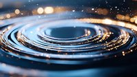 Concentric ripples on water surface with golden bokeh lights creating mesmerizing circular patterns in dark blue tones, macro photography perspective.