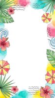 Tropical summer frame with hibiscus flowers, palm leaves, beach umbrellas and watercolor splashes on white background for vacation designs.