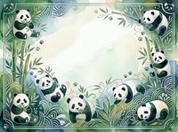 Adorable panda bears frame with bamboo leaves and paw prints on soft green background for baby shower invitations and nursery decor.