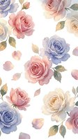 Watercolor roses seamless pattern in soft pink, purple and cream tones with scattered petals and leaves on white background for romantic designs.