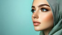 Young Middle Eastern woman wearing mint green hijab with flawless makeup, long eyelashes and coral lips against turquoise background. Side profile beauty portrait.