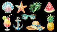 Tropical summer beach elements collection isolated on transparent background, ready for t-shirt design, clipart, stickers, sublimation and print-on-demand products.