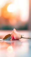 Single pink rose lying on reflective surface with soft sunset bokeh background creating romantic atmosphere. Gentle petals and leaves catch warm evening light.
