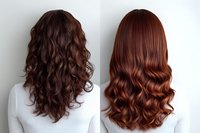 Long wavy brown and copper hair from back view showing different hairstyles and color variations on white background for beauty and fashion industry use.