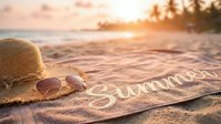 Straw hat and sunglasses on a sandy beach towel with Summer text at golden sunset, tropical vacation scene.