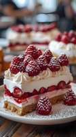 Fresh raspberry cheesecake slice with whipped cream rosettes and powdered sugar dusting on white plate, layered dessert showing red fruit filling and cookie base.