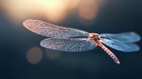 Delicate dragonfly with transparent wings illuminated by soft sunset light against blurred bokeh background, showcasing intricate wing patterns and natural grace.